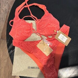 Berlook Red Jacquard U-Ring Cross Back Bikini Top & Bottom - Women's Swim